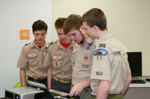 Teaching Scouts Parker Barlow, Justin Newton, Jackson Barlow and David Bass