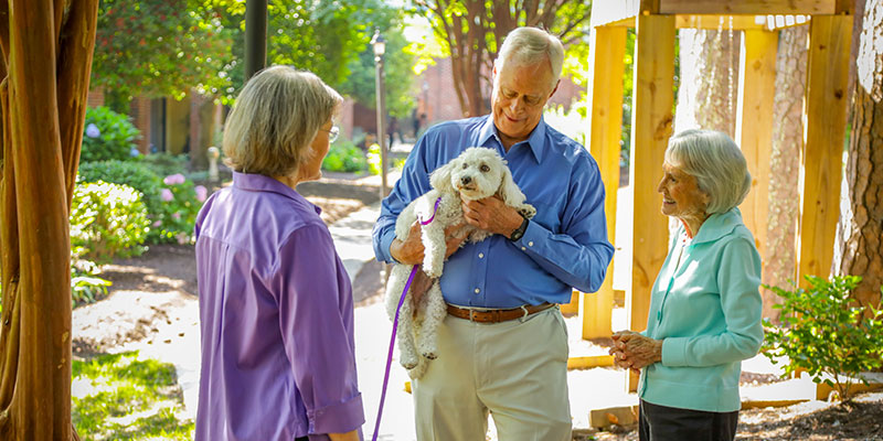 Three senior adults interact with a small white dog in an outdoor garden.